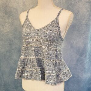American Eagle Outfitters S Blue and White Patterned Tiered Crop Top Sleeveless